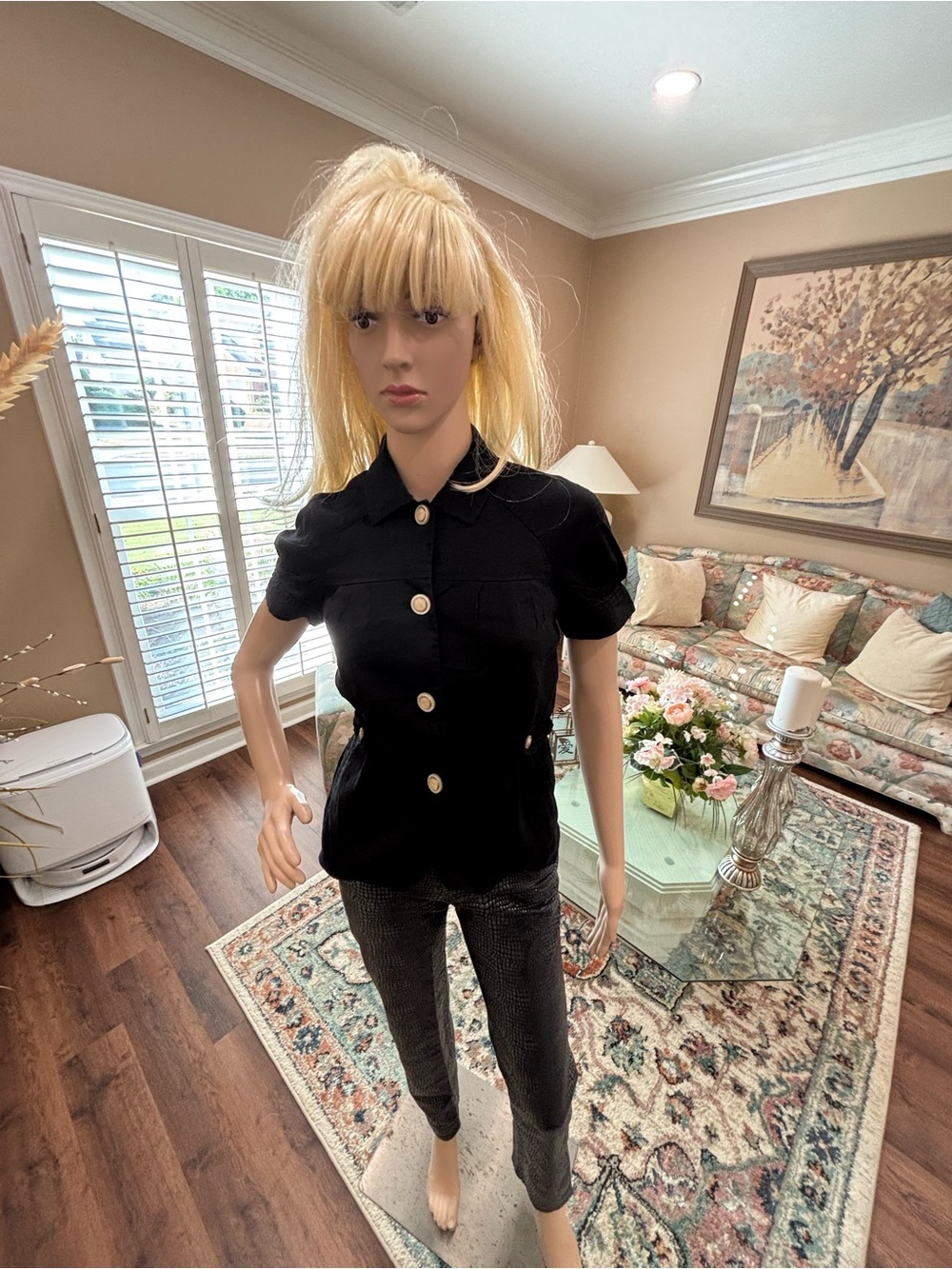 Theory Black Short-Sleeve Button-Front Blouse with Gold Buttons